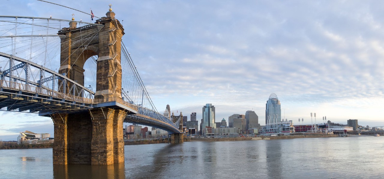 The Roebling Bridge connects downtown Cincinnati with northern Kentucky.